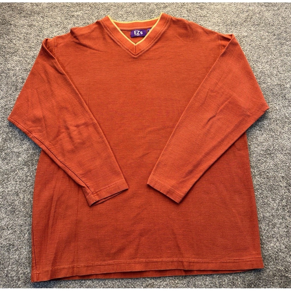 EZ's by Haggar Men's Large Orange 3/4 Sleeve V-Neck Ribbed Cotton Shirt